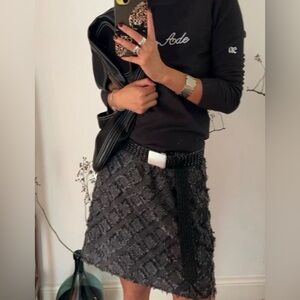 Textured Black Fringe Midi Skirt